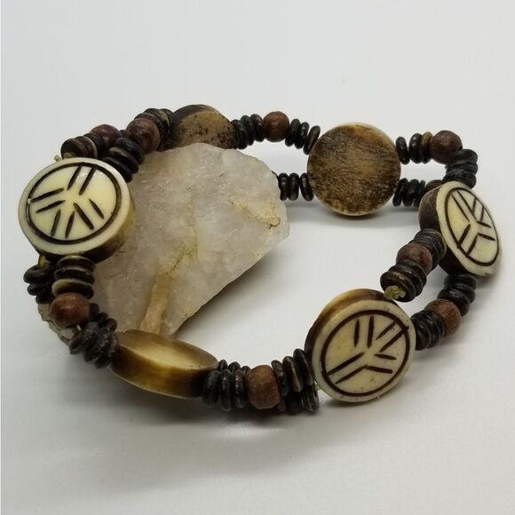 Boho Gypsy Sisters Jewelry - Wooden hippie bohemian peace and love bracelet. B530